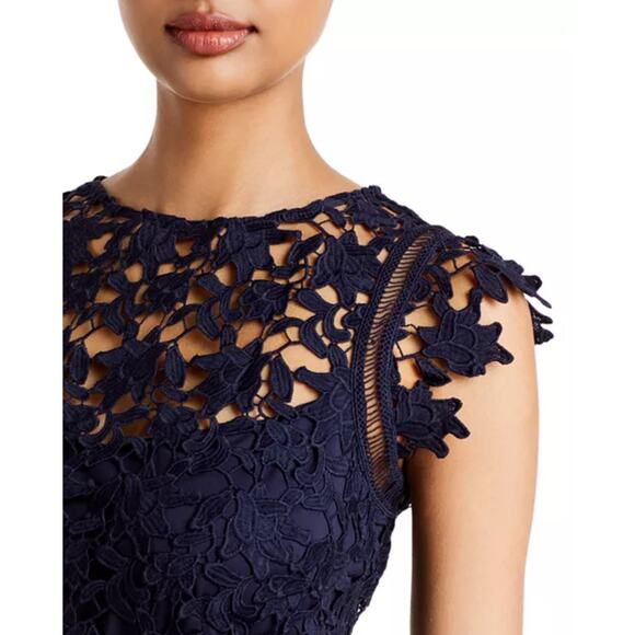 NWT Eliza J Lace Guipure Lace Asymmetrical Dress Size 12 Navy Short Sleeve $188 - Picture 4 of 12